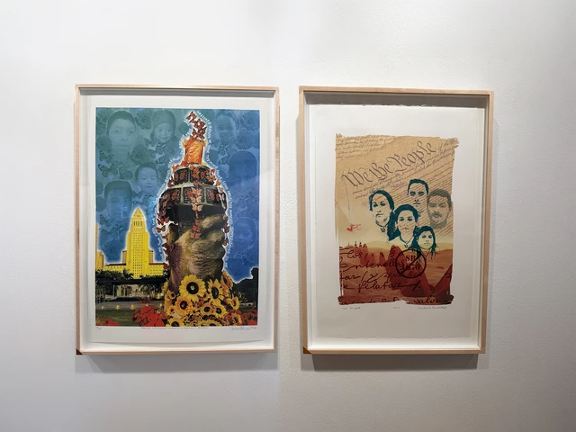 Consuelo Flores, Monarchs and Migration: Children at the Border of Freedom (left), 2026, screenprint, Self Help Graphics &amp; Art, Los Angeles. Sandra Fernández, We...the Gente, 2014, screenprint, Coronado printstudio, Austin. Both prints are featured in America Today, The Print Center, Philadelphia, 2026. Photo by The Pew Center for Arts &amp; Heritage.