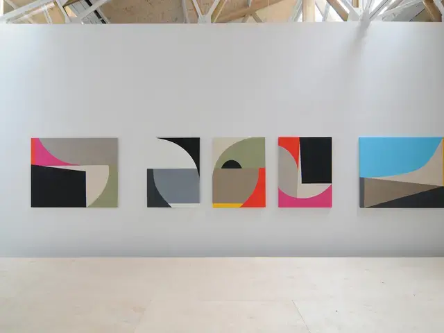 Sarah Crowner, Ballet Plastique, 2011, oil and acrylic on raw canvas and linen, dimensions variable. Installation view image courtesy Galerie Catherine Bastide, Brussels.&nbsp;