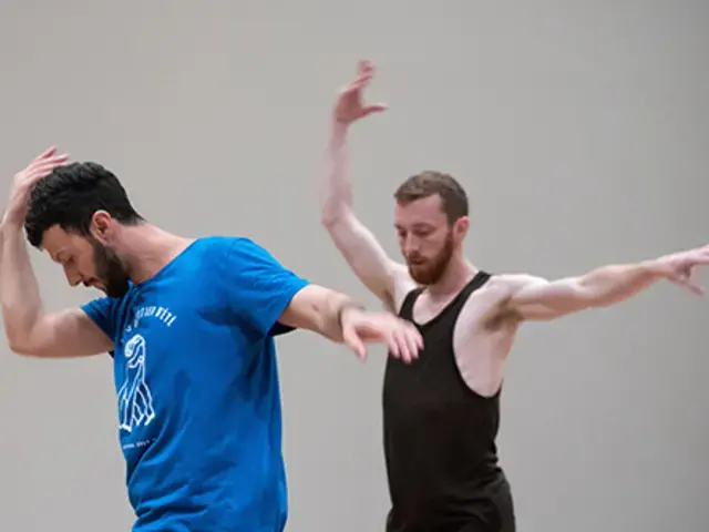 Rehearsal photograph of DUO by William Forsythe at the Philadelphia Museum of Art on September 12, 2016. Performance by Brigel Gjoka and Riley Watts.