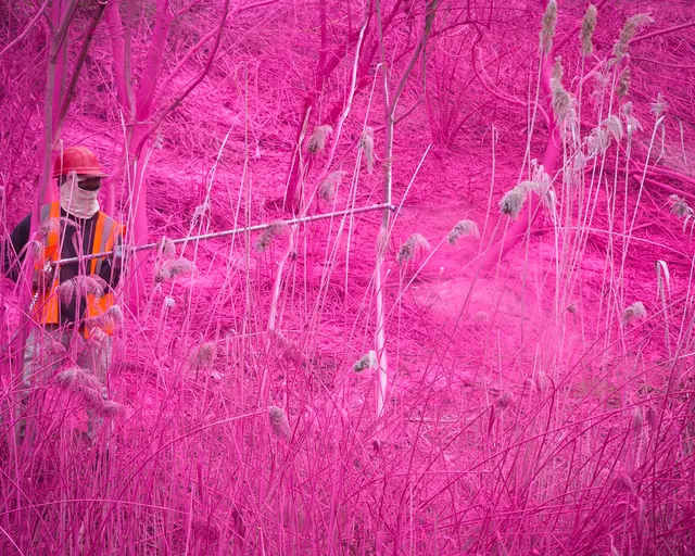 Katharina Grosse, psychylustro, 2014, site 3 (Drama Wall), Benjamin Moore acrylic indoor paint. Photo by Steve Weinik for the City of Philadelphia Mural Arts Program.