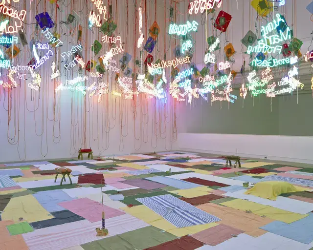 Jason Rhoades, UNTITLED (FROM MY MEDINAH: IN PURSUIT OF MY ERMITAGE&hellip;), 2004, installation view, Institute of Contemporary Art, University of Pennsylvania. Photo: Aaron Igler/Greenhouse Media.