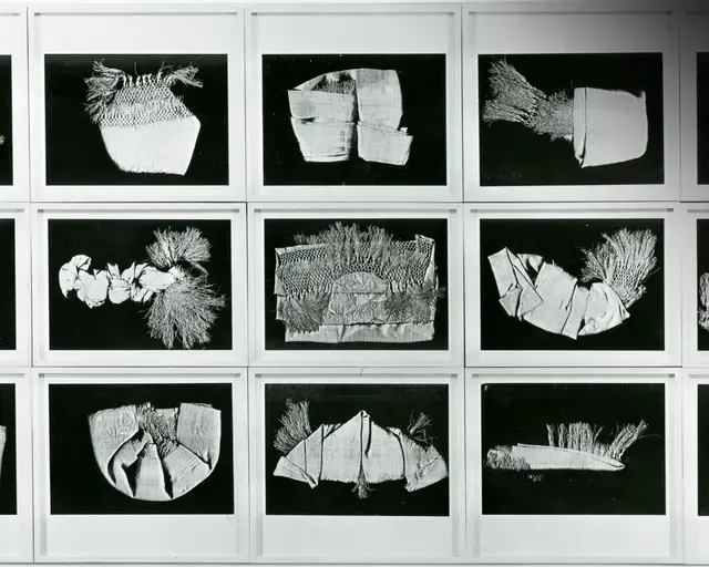 Pati Hill, Understanding Your Chinese Scarf, 1983, 15 black & white copier prints, original mats, entire grid: 48” x 98”, each print: 11 ⅛” x 15 ¾”. Courtesy of the Estate of Pati Hill.