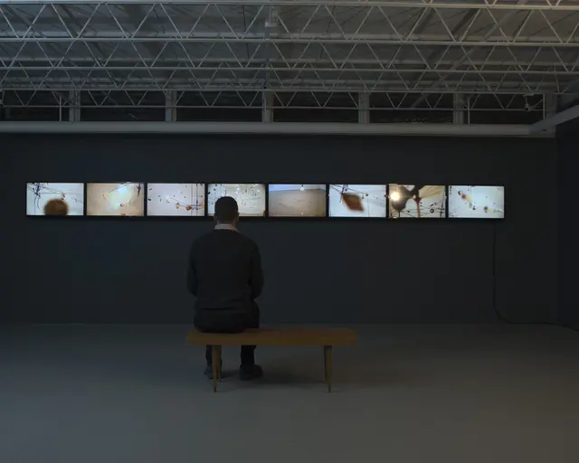 Demetrius Oliver, Diurnal, 2014, eight-channel video on 32&rdquo; flat screen monitors. Photo courtesy of The Print Center.&nbsp;