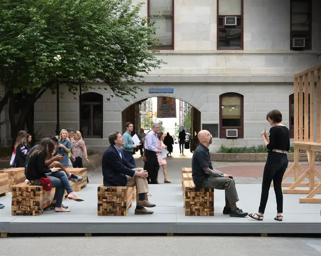 The crowd gathers at the late Terry Adkins&#39; temporary monument in City Hall Courtyard, on the opening day of Monument Lab. Photo by Lisa Boughter.
