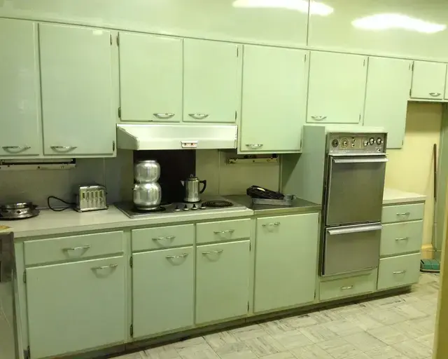Interior of the Cliveden Main House&rsquo;s 1959 kitchen space, built from a kit made by the Quaker Maid Company. Hailed in the 1950s as the &ldquo;Kitchen of tomorrow,&rdquo; it is located in what was once a Colonnade (circa 1776) that connected the Main House with the Kitchen Dependency outbuilding.