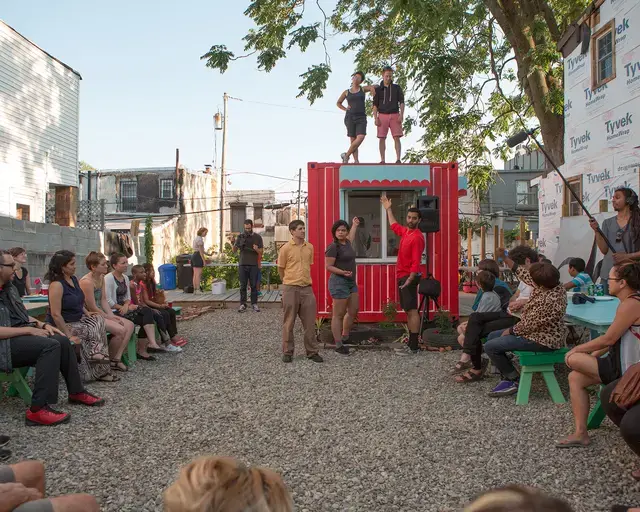 Playgrounds for Useful Knowledge&nbsp;Neighborhood Convening, June 29, 2015. 632 Jackson Street. Photo by Steve Weinik. Courtesy of the City of Philadelphia Mural Arts Program.