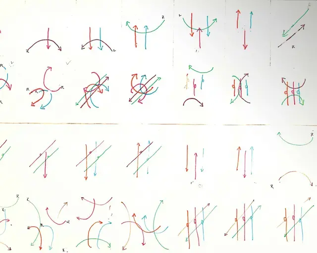 Score for Lucinda Childs&#39; Melody Excerpt. This score represented all the possible pathways that each dancer may traverse during the course of performing Melody Excerpt, along with stage measurements in feet. Each dancer is represented by a discrete color. Courtesy of Lucinda Childs.