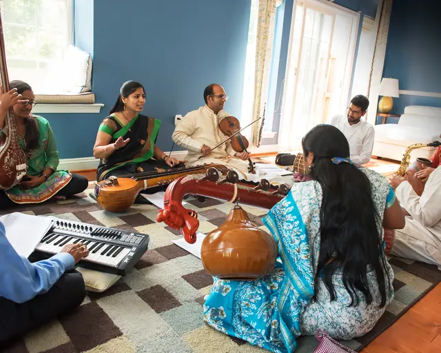 Artists N Muralikrishnan (Keyboard), Shruthi Rajasekar (Tambura), Kiranavali Vidyasankar (Voice &amp; Chitravina), V V S Murari (Violin), Akshay Anantapadmanabhan (Kanjira &amp; Konnakkol), Ravi Balasubramanian (Ghatam), Prasant Radhakrishnan (Saxophone) &amp; Nirmala Rajasekar (Vina) during rehearsals for Tradition &ndash; An Evolving Continuum. Photo by Nan Melville.