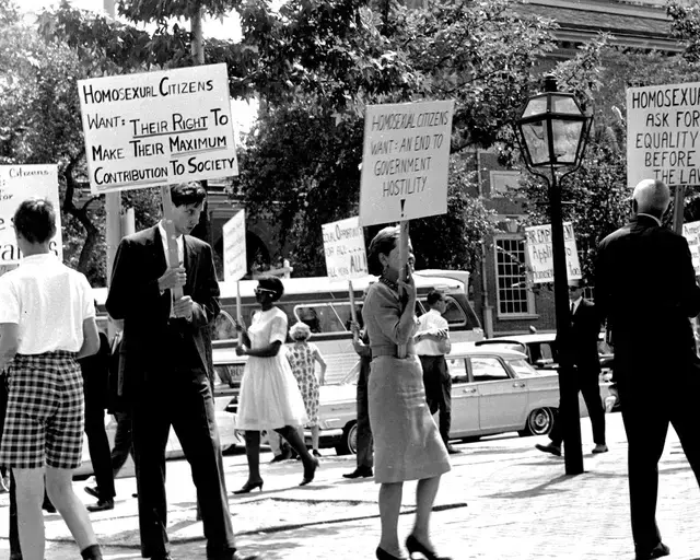 A group of activists held the first organized civil rights demonstrations in front of Independence Hall and Liberty Bell in Philadelphia on July 4, 1965. Photo &copy; Mattachine Society.