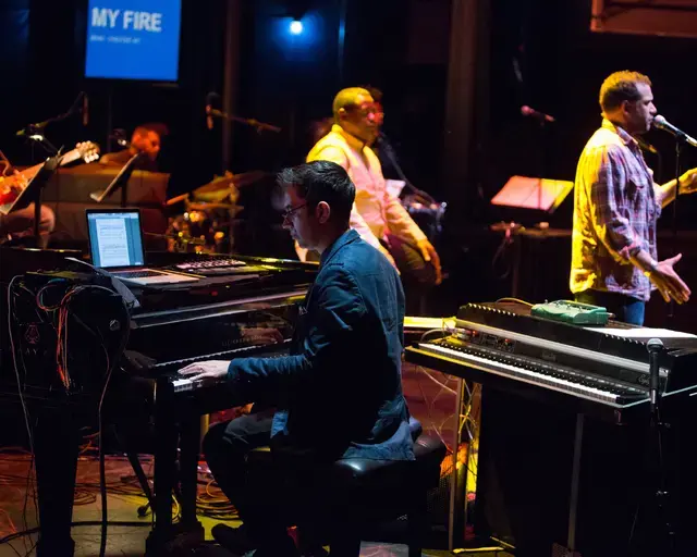Vijay Iyer performing in Holding It Down: The Veterans&rsquo; Dreams Project&nbsp;at the Kimmel Center for the Performing Arts, 2016. Photo by Alexander Iziliaev.