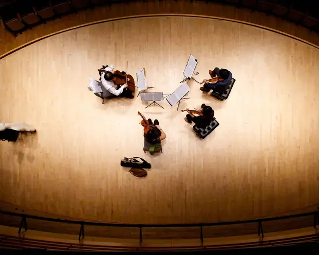 The Parker Quartet during a sound check for their Philadelphia Chamber Music Society performance. Photo by Langdon Photography. Courtesy of the Philadelphia Chamber Music Society.