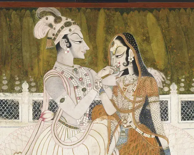 Artist unknown, Krishna and Radha, c. 1750, opaque watercolor and gold on cotton. Photo courtesy of the Philadelphia Museum of Art.