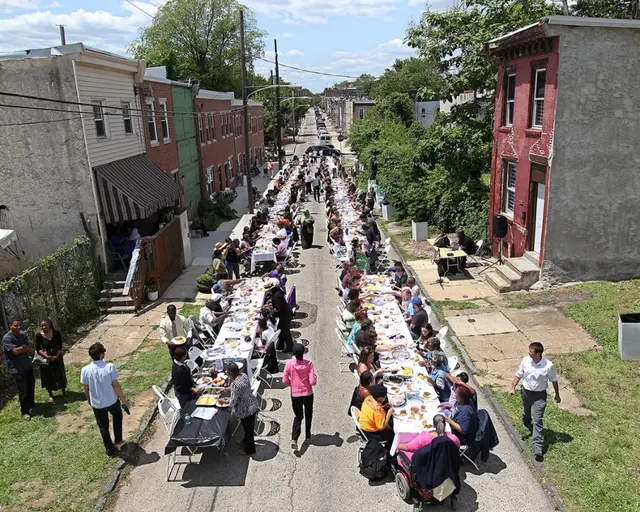 After Temple Contemporary&#39;s Funeral for a Home community procession, guests were invited to a sit-down reception for 300 on Melon Street. Photo courtesy of Al Jazeera America.