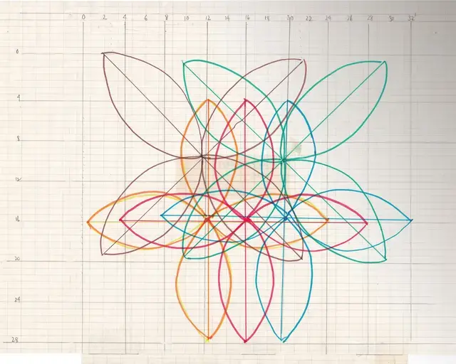 Score for Lucinda Childs&#39; Melody Excerpt. This score represented all the possible pathways that each dancer may traverse during the course of performing Melody Excerpt, along with stage measurements in feet. In this version the dimensions are 32 by 28 feet. Each dancer is represented by a discrete color. In her archive Childs refers to this as a &ldquo;grid.&rdquo; Courtesy of Lucinda Childs.