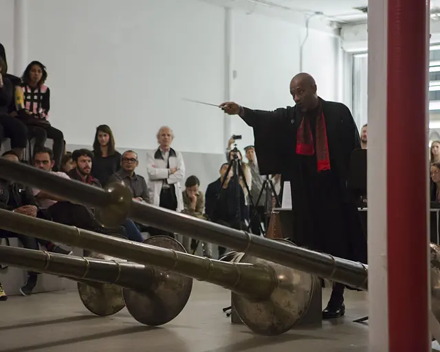 Terry Adkins, Blanche Bruce, and the Lone Wolf Recital Corps perform The Last Trumpet as part of the Performa Biennial 2013. Photo courtesy of the Estate of Terry Adkins and Salon 94, New York.