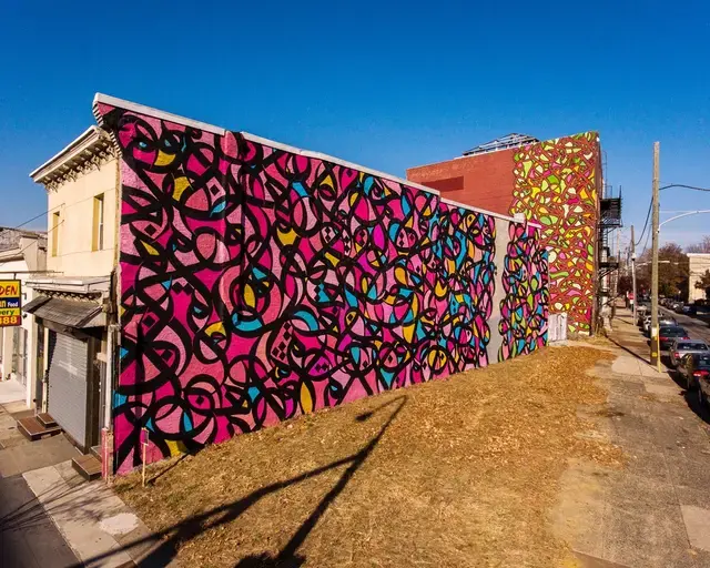 eL Seed, Soul of the Black Bottom, commissioned by Al-Bustan Seeds of Culture and Mural Arts Philadelphia. Photo by Steve Weinik.