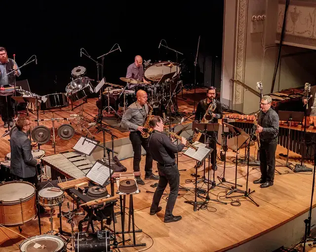 PRISM Quartet performs with So Percussion in a Color Theory&nbsp;concert in June 2016. Photo by Scott Friedlander, courtesy of PRISM Quartet.