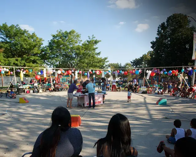 Community members partake in Mifflin Square Alliance Festival in September 2015, part of Mural Art Program&rsquo;s Playgrounds for Useful Knowledge. Photo by Steve Weinik.