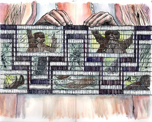 Lee Francis, Weshoyot Alvitre, and Will Fenton, colored spread depicting the violence of the first massacre using a metaphor of a wampum belt, Ghost River: The Fall and Rise of the Conestoga, Albequerque: Red Planet Books and Comics, 2019.