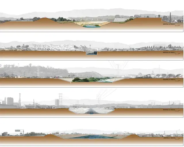 Design With Nature Now, section drawings, analysis of the Los Angeles river channel. Photo courtesy of OLIN.