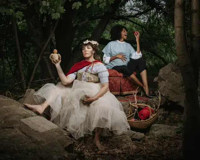 Pig Iron Theatre Company, promotional image for The Path of Pins or The Path of Needles, 2022. Pictured: performers Jessica Almasy (L) and Courtney Henry (R). Photo by Jaŭhien Sasnoŭ.&nbsp;