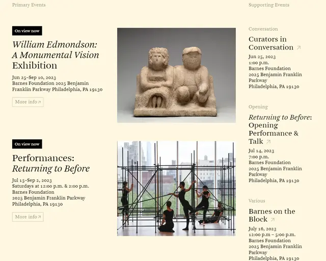 Screenshot of events listings on grant page for William Edmondson exhibition at the Barnes Foundation.