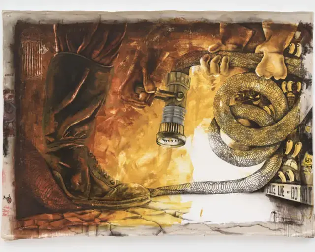 Pat Phillips, Stand Down, 2024; acrylic, airbrush, aerosol on canvas.