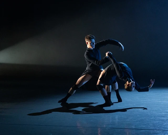 BalletX company members Peter Weil and Skyler Lubin perform choreographer Jennifer Archibald’s Maslow's Peak, 2024. Photo by Whitney Browne, courtesy of BalletX.&nbsp;