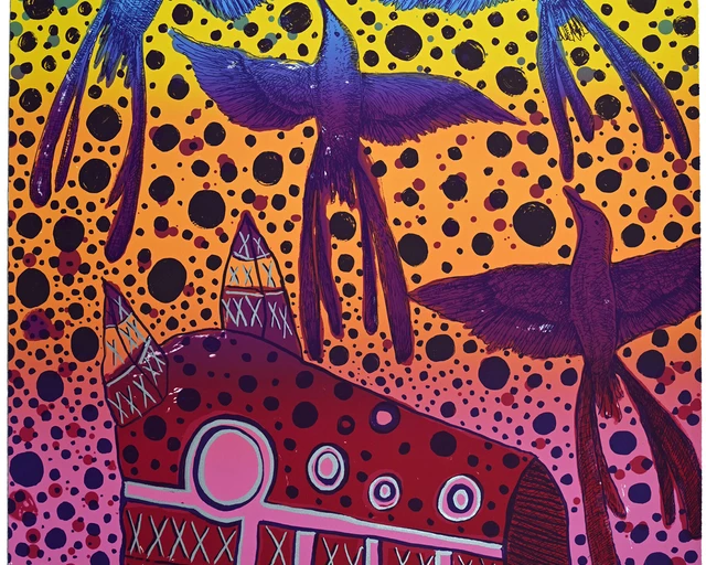 John Hitchcock, Shouting Lightning from Their Eyes (Winter Birds), 2021, lithograph, 34" x 25", printed and published by Crow’s Shadow Institute of the Arts, Umatilla Indian Reservation, outside of Pendleton, OR.&nbsp;Image courtesy of The Print Center.