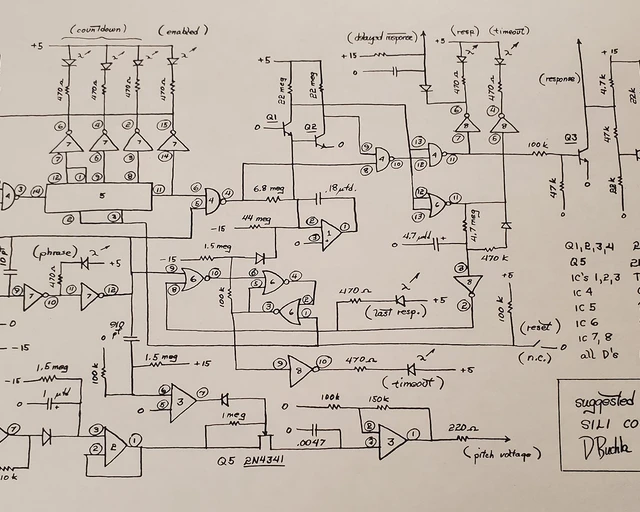 Don Buchla's original hand-drawn schematic for the Sili-Con Cello, a one-of-a-kind instrument built as a duet partner for cellist Ami Radunskaya. Photo by MMT/EMEAPP.