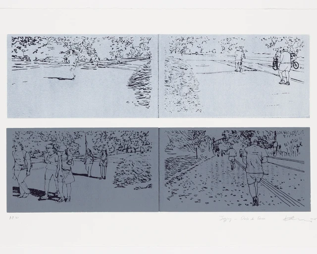 Kakyoung Lee, Jogging — Dusk &amp; Dawn, screenprint, 2025. Image courtesy of Brandywine Workshop and Archives.
