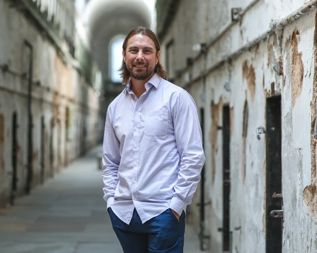 Visual artist Cody Stuhltrager, the first artist-in-residence for the Center-supported project "ReVision: Art and Justice." Photo courtesy of Eastern State.&nbsp;
