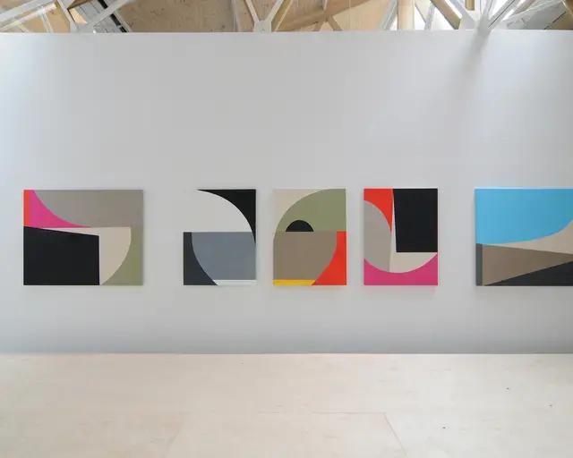 Sarah Crowner, Ballet Plastique, 2011, oil and acrylic on raw canvas and linen, dimensions variable. Installation view image courtesy Galerie Catherine Bastide, Brussels.&nbsp;