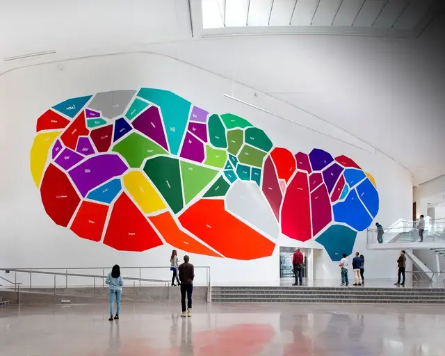 Mariam Ghani, installation view of The Garden of Forked Tongues, acrylic goauche, 100&prime; x 30&prime;, Queens Museum of Art, 2016. Photo by Hai Zhang, courtesy of the artist.