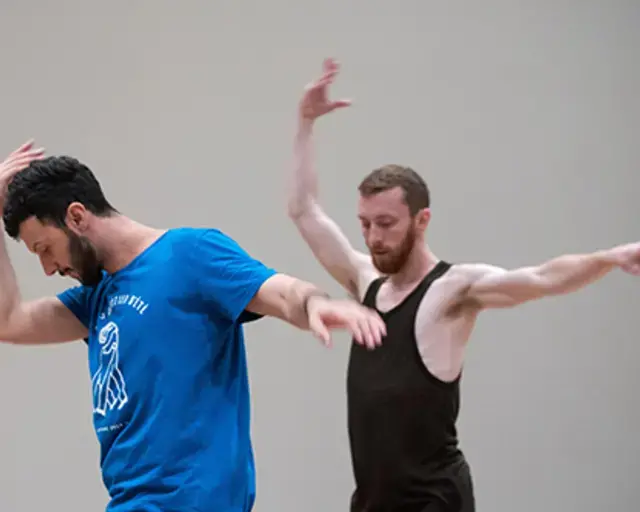 Rehearsal photograph of DUO by William Forsythe at the Philadelphia Museum of Art on September 12, 2016. Performance by Brigel Gjoka and Riley Watts.