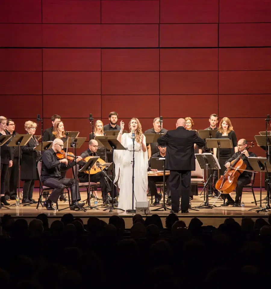 Al-Bustan Takht Ensemble in concert with The Crossing choir and soloist Dalal Abu Amneh, 2015. Photo by Chip Colson.