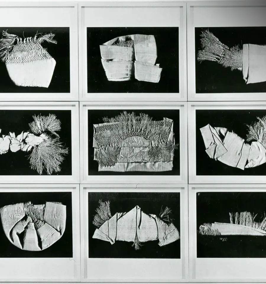Pati Hill, Understanding Your Chinese Scarf, 1983, 15 black &amp; white copier prints, original mats, entire grid: 48&rdquo; x 98&rdquo;, each print: 11 ⅛&rdquo; x 15 &frac34;&rdquo;. Courtesy of the Estate of Pati Hill.