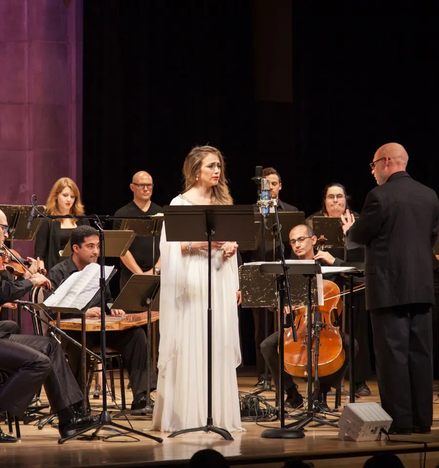 Al-Bustan Takht Ensemble in concert with The Crossing choir and soloist Dalal Abu Amneh, 2015. Photo by Chip Colson.