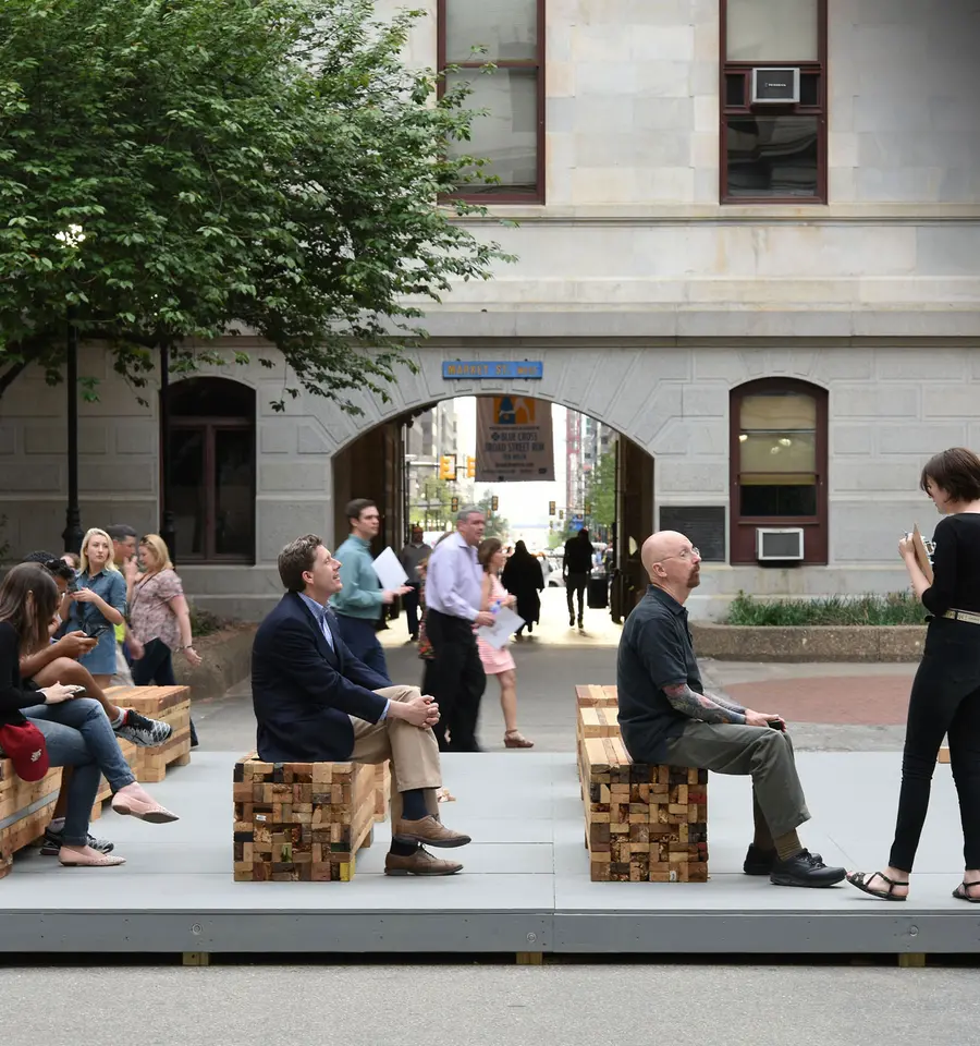 The crowd gathers at the late Terry Adkins&#39; temporary monument in City Hall Courtyard, on the opening day of Monument Lab. Photo by Lisa Boughter.