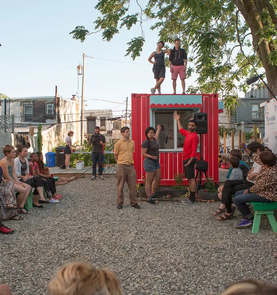 Playgrounds for Useful Knowledge&nbsp;Neighborhood Convening, June 29, 2015. 632 Jackson Street. Photo by Steve Weinik. Courtesy of the City of Philadelphia Mural Arts Program.