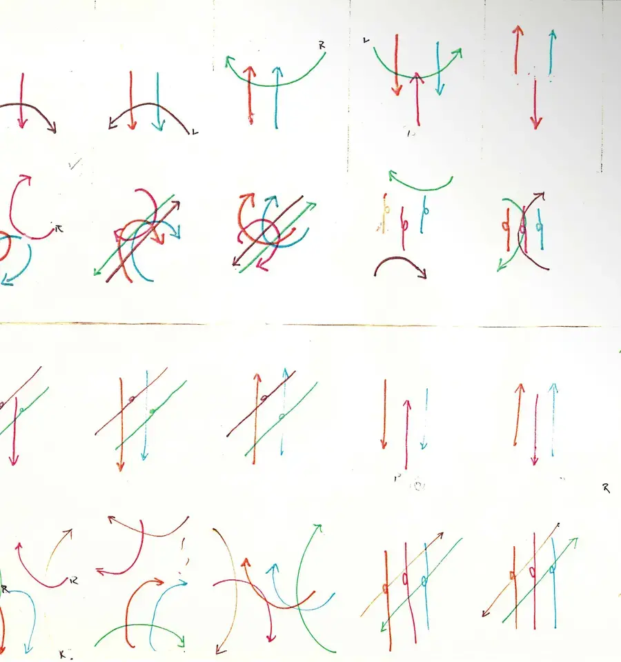 Score for Lucinda Childs&#39; Melody Excerpt. This score represented all the possible pathways that each dancer may traverse during the course of performing Melody Excerpt, along with stage measurements in feet. Each dancer is represented by a discrete color. Courtesy of Lucinda Childs.