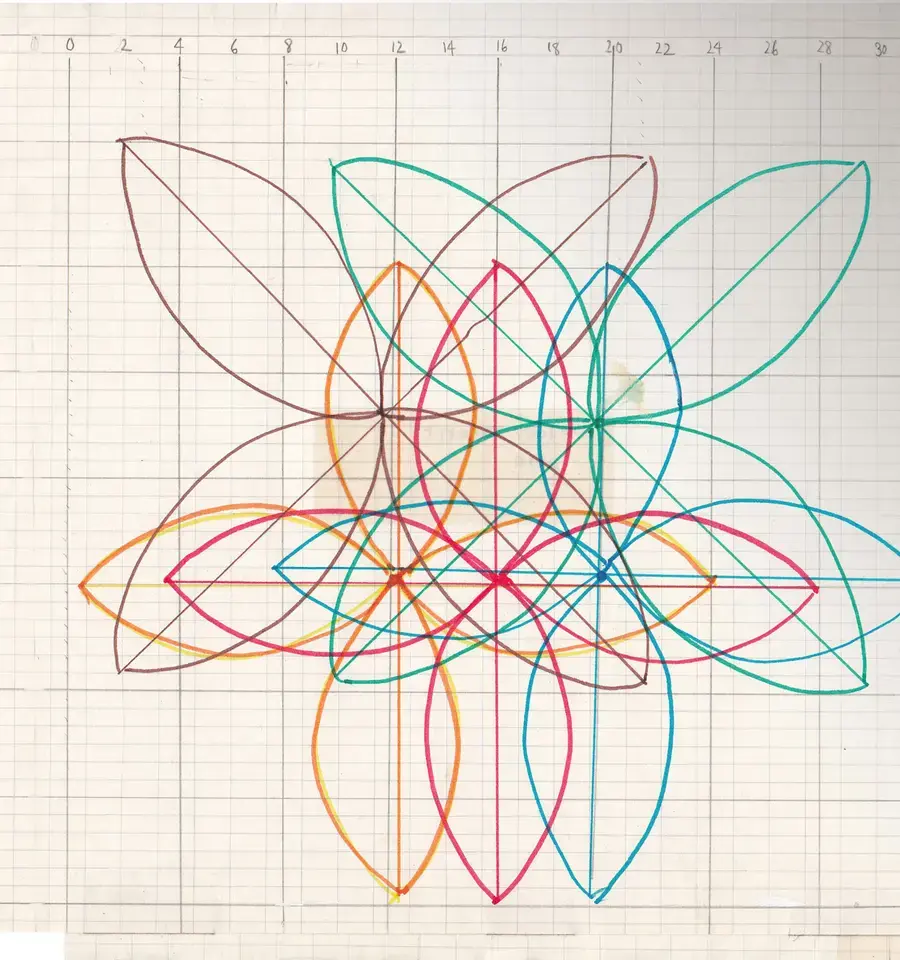 Score for Lucinda Childs&#39; Melody Excerpt. This score represented all the possible pathways that each dancer may traverse during the course of performing Melody Excerpt, along with stage measurements in feet. In this version the dimensions are 32 by 28 feet. Each dancer is represented by a discrete color. In her archive Childs refers to this as a &ldquo;grid.&rdquo; Courtesy of Lucinda Childs.