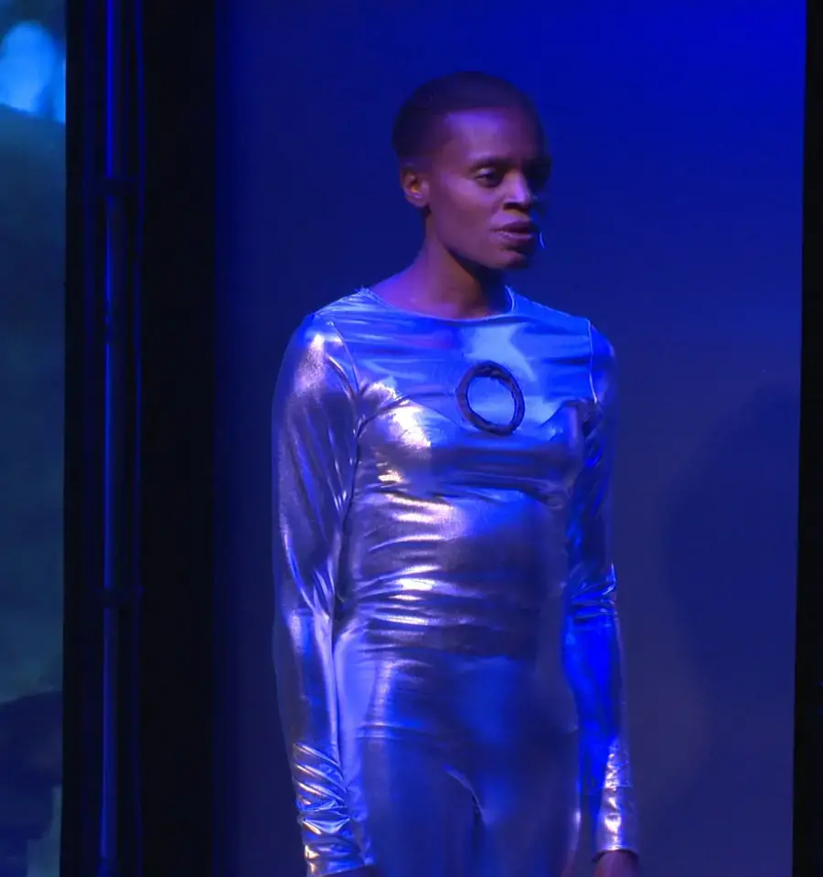 Video still of Okwui Okpokwasili performing in Ralph Lemon&rsquo;s Scaffold Room&nbsp;at the Walker Art Center, September 2014. Photo courtesy of the Walker Art Center.