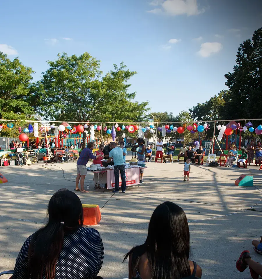 Community members partake in Mifflin Square Alliance Festival in September 2015, part of Mural Art Program&rsquo;s Playgrounds for Useful Knowledge. Photo by Steve Weinik.