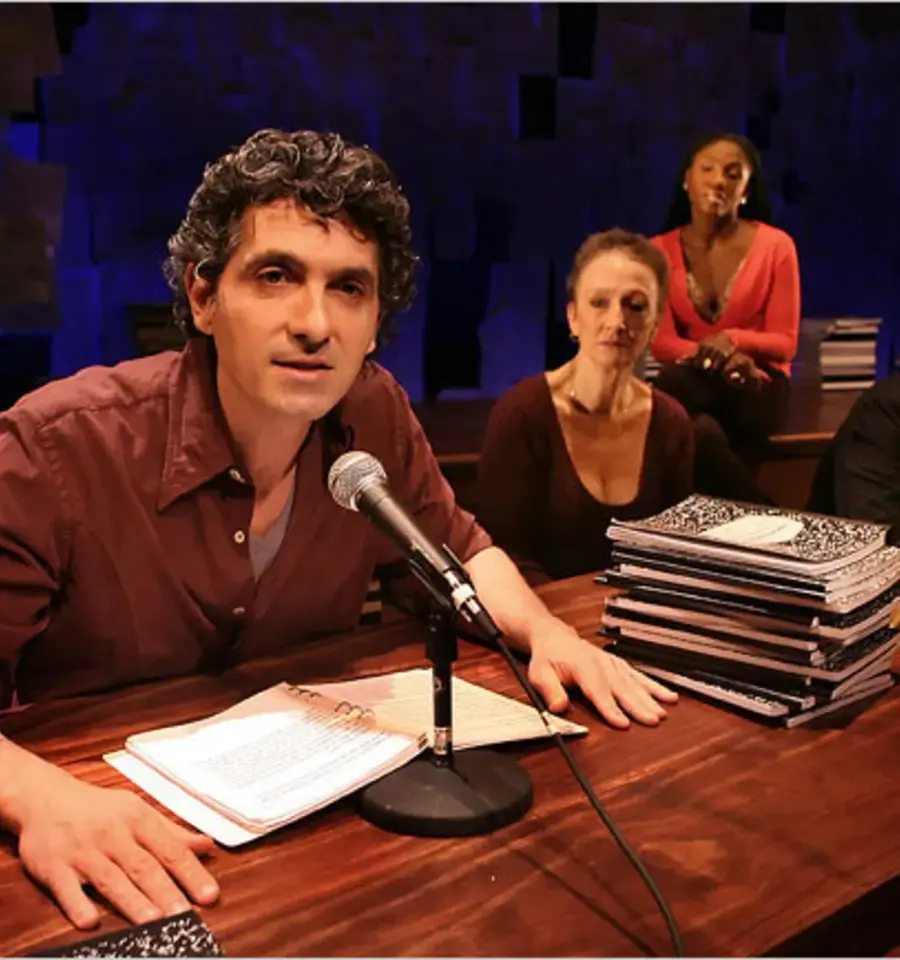 Ain Gordon, Kathleen Chalfant, Hazelle Goodman, and Frank Wood in Spalding Gray: Stories Left to Tell. Photo by Sara Krulwich, courtesy of the New York Times.