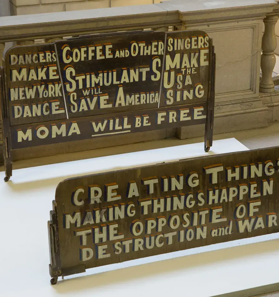 Bob and Roberta Smith, MoMA WILL BE FREE (2011) and CREATING THINGS (2011), installed as part of Framing Fraktur at the Free Library of Philadelphia. Courtesy of the Free Library of Philadelphia.