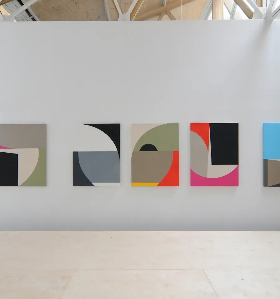 Sarah Crowner, Ballet Plastique, 2011, oil and acrylic on raw canvas and linen, dimensions variable. Installation view image courtesy Galerie Catherine Bastide, Brussels.&nbsp;